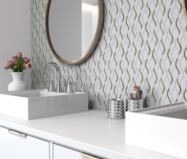 Symmetry Gold Tile Backsplash Product in Bathroom