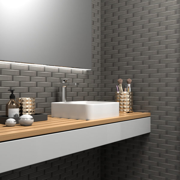 Grey Dimensions Tile Backsplash in Bathroom
